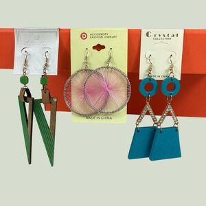 3 Pair Statement Earrings Green Wood Triangle Pink Thread Hoop Teal Geometric‎